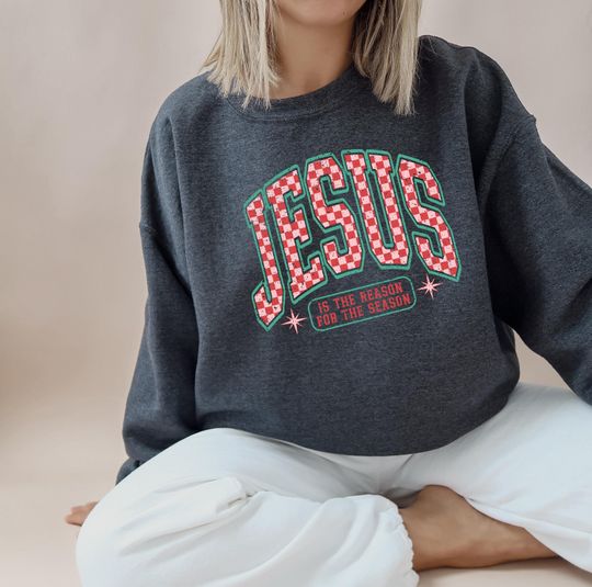 Discover Jesus Is The Reason For The Season Sweatshirt, Retro Checkered Christian Crewneck, Religious Christmas Sweatshirt, Faith Holiday Outfit