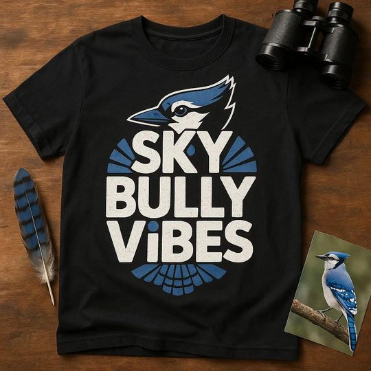 Sky Bully Vibes Geometric T-Shirt with Blue Jay Bird Design, Unisex Graphic Tee for Nature Lovers