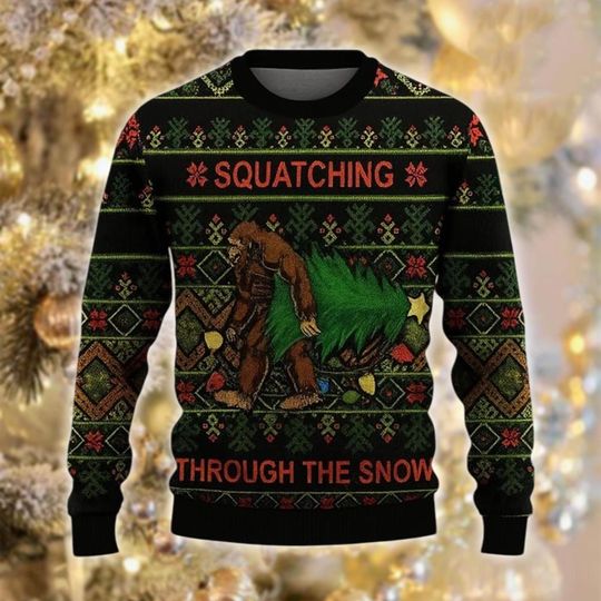 Discover Sasquatch Ugly Christmas Sweater, Bigfoot Squatching Jumper, Cryptid Fan Xmas Gift, Funny Forest Holiday Sweatshirt