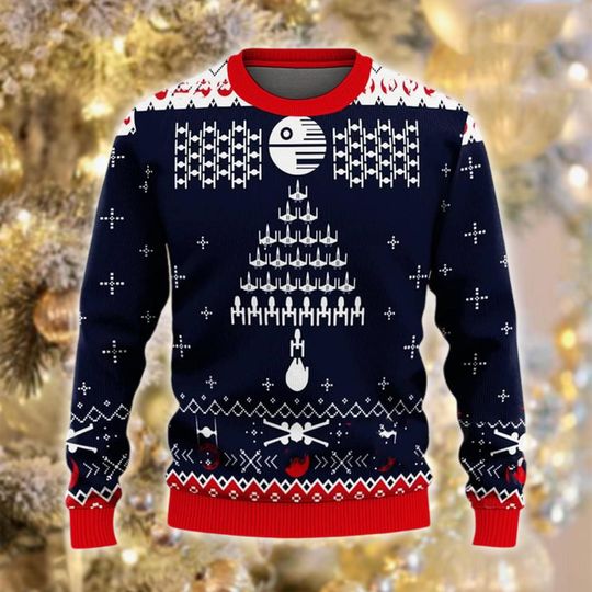 Discover Death Star Ugly Christmas Sweater, TIE Fighter Tree Jumper, Space Saga Xmas Gift, Sci Fi Holiday Sweatshirt