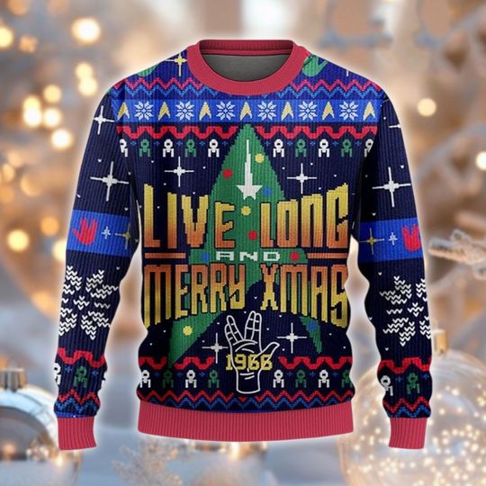 Discover Live Long and Merry Xmas Ugly Sweater, Sci Fi Vulcan Jumper, TV Show Xmas Gift, Geeky Holiday Sweatshirt