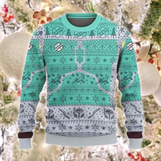 Space Bounty Hunter Ugly Christmas Sweater, Mandalorian Armor Jumper, Sci Fi Fan Xmas Gift, Space Western Holiday Sweater