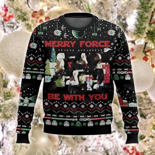 Discover Merry Force Be With You Christmas Sweater, Space Opera Ugly Jumper, Sci-Fi Fan Holiday Gift, Trooper Xmas Sweater