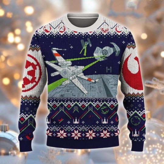 Discover Space Dogfight Ugly Christmas Sweater, X Wing Tie Fighter Jumper, Sci Fi Fan Xmas Gift, Starfighter Holiday Sweatshirt