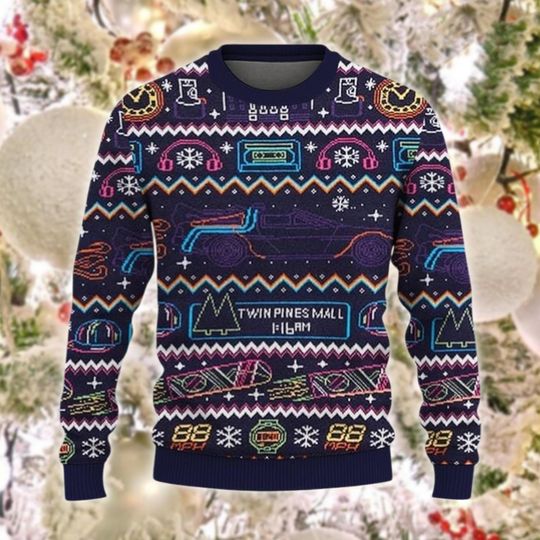 Time Travel Ugly Christmas Sweater, Retro Movie Car Jumper, 80s Film Fan Xmas Gift, Vintage Holiday Sweatshirt