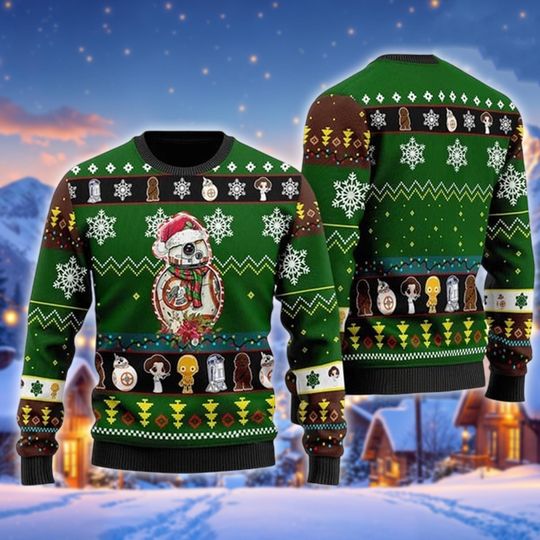Discover Christmas Droid Ugly Sweater, Cute Sci-Fi Characters Jumper, Round Robot Santa Gift, Chibi Galactic Heroes Apparel