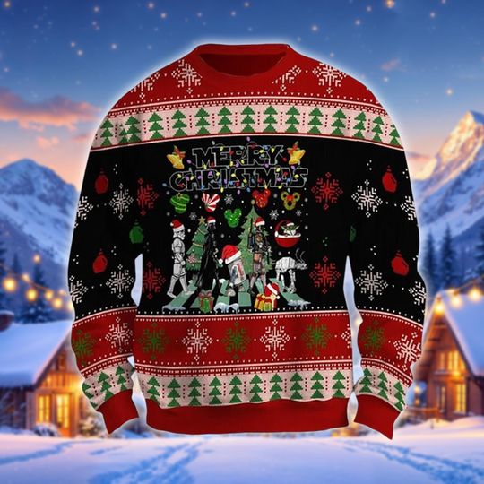 Galactic Abbey Road Ugly Sweater, Merry Christmas Sci-Fi Characters Jumper, Trooper Villain Heroes Gift, Parody Holiday Apparel