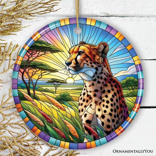 Speed Kings African Cheetah Stained Glass Style Ceramic Ornament, Safari Animals Christmas Gift and Decor