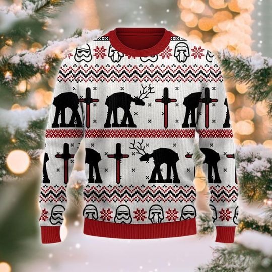 Ugly Christmas Ugly Sweater, Walkers and Trooper Helmets, Sci-Fi Holiday Apparel, Funny Xmas Gift, Reindeer Fair Isle