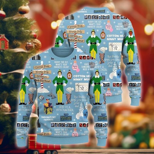 Funny Blue Christmas Sweater, Cartoon Elf Ugly Knit, Holiday Pullover Shirt, Candy Forest Xmas Jumper, Winter Humor Sweater