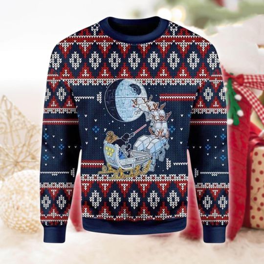 Funny Space Sleigh Ugly Sweater, Sci-Fi Holiday Pullover, Reindeer Spaceship Jumper, Geeky Christmas Shirt