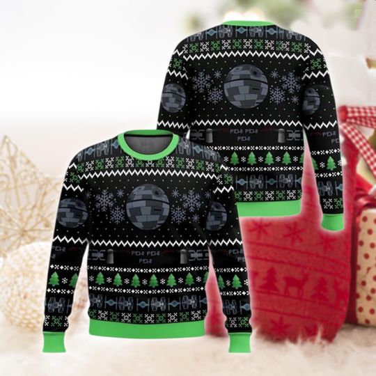 Green Trim Sci-Fi Sweater, Funny Ugly Xmas Knit, Space Theme Holiday Pullover, Snowflake Nerd Jumper, Geeky Winter Shirt