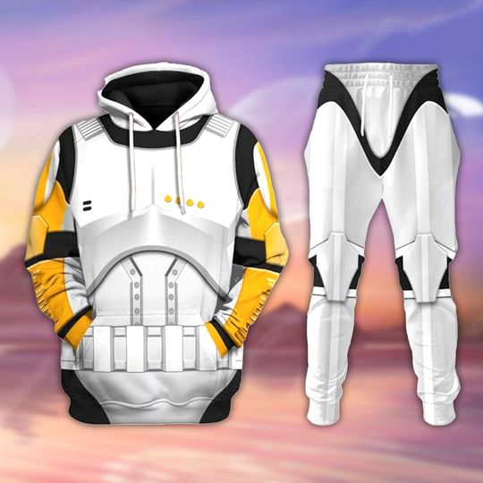 Yellow Trooper Hoodie & Sweatpants, White Armor Costume Outfit, Cosplay Tracksuit, Unique Gift for Sci-Fi Fans, Galactic Soldier Apparel