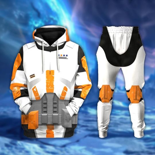 Discover Orange Clone Trooper Hoodie Joggers Sets, White Armor Outfit, Cosplay Tracksuit, Gift for Sci-Fi Fans, Galactic Soldier Apparel