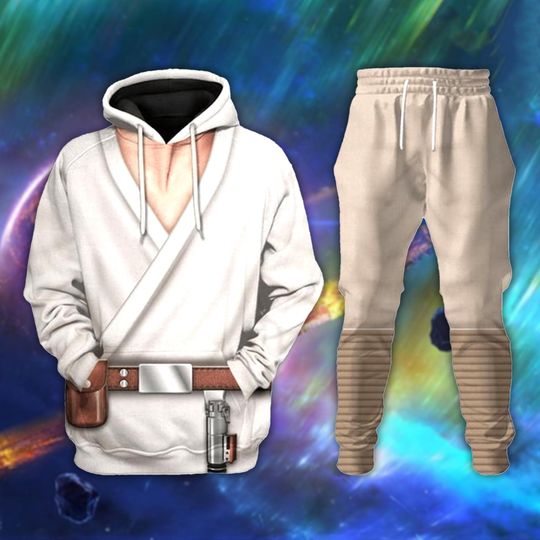 Jedi Master Hoodie Joggers Sets, White Robe Costume Outfit, Cosplay Tracksuit, Gift for Sci-Fi Fans, Galactic Apparel