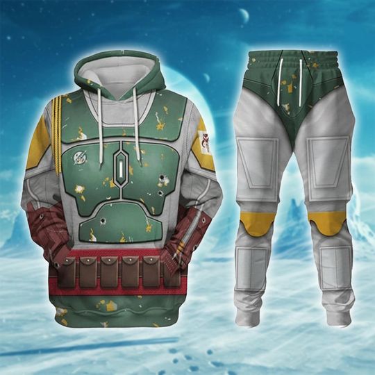 Discover Bounty Hunter Hoodie Joggers Sets, Green Armor Costume Outfit, Cosplay Tracksuit, Gift for Fans, Galaxy Scavenger Apparel
