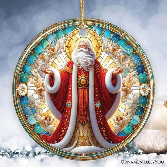 Majestic Holy Santa Stained Glass Themed Ceramic Ornament