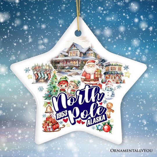 Discover City of North Pole Alaska Artistic Christmas Ornament, Decorated Ceramic Souvenir with Santa and Elf Themes