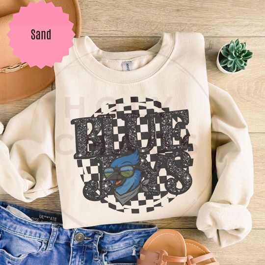Bluejays Mascot Game Day Sweatshirt Preppy Checkered Team Spirit