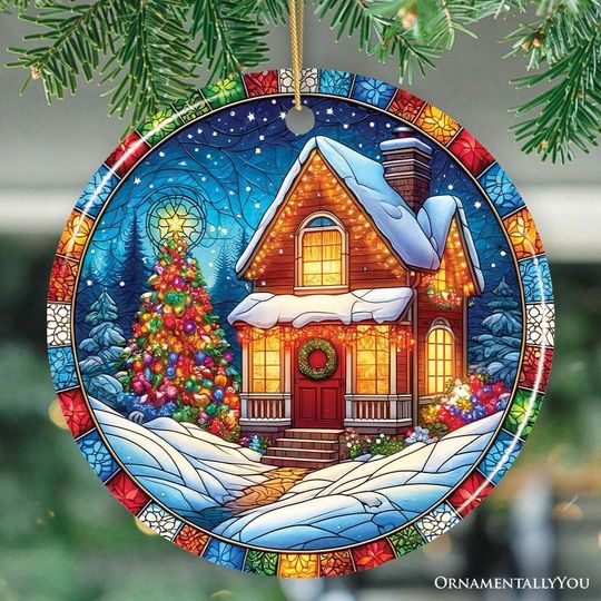 Snowy House Winter Scene Stained Glass Style Ceramic Ornament