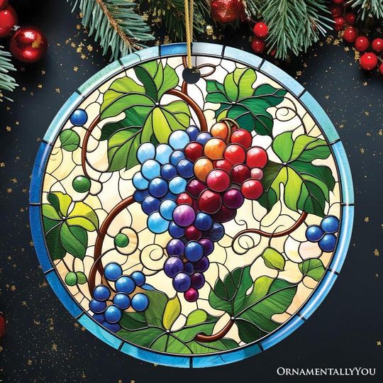 Discover Grape Window Art Stained Glass Style Ceramic Ornament, Christmas Gift and Decor