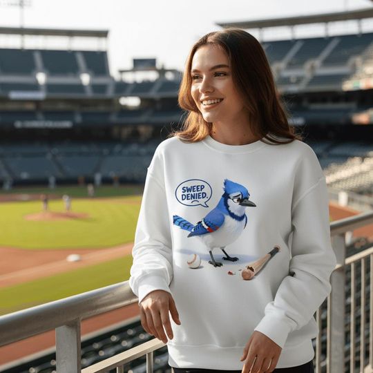 Discover Blue Jay Blunder Sweep Denied Crewneck Sweatshirt | Funny Baseball Fan Apparel | Dejected Bird Sports Humor Gift Idea | Unisex Heavy Blend