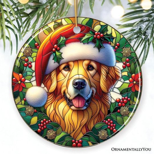 Discover Colorful Golden Retriever Stained Glass Style Ceramic Ornament, Christmas Gift and Decor