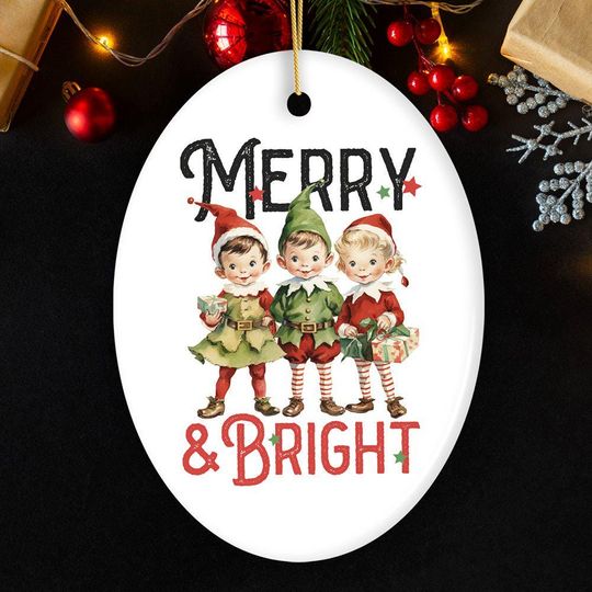 Discover Vintage Elves Merry & Bright Christmas Ornament, Retro Ceramic Tree Decoration