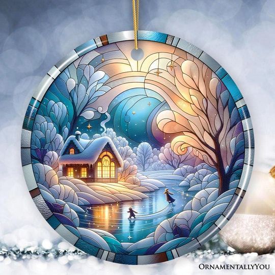 Discover Magical Winter Lake Cabin Ceramic Christmas Ornament, Stained Glass Theme Tree Decor