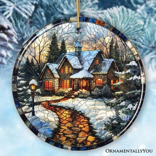 Discover Elegant Rustic Winter Cabin Stained Glass Themed Ceramic Christmas Ornament, Vintage Tree Decoration