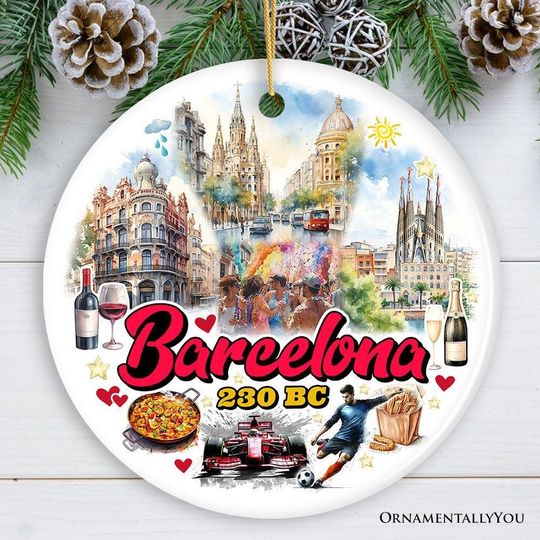 Discover Illustrated Barcelona Landmarks Ceramic Ornament, Spain Travel Souvenir and Christmas Gift