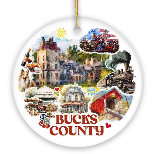 Discover Artistic Bucks County Pennsylvania Vintage Ornament with Historical Scenery and Art, Ceramic Christmas Souvenir