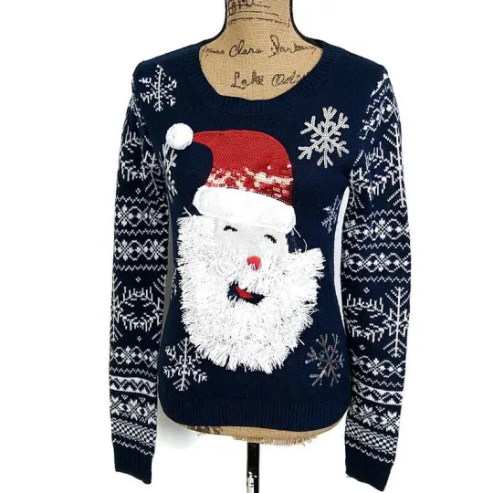 No Boundaries Womens sz M Ugly Sweater Blue Santa Sequin Knit Snowflakes Winter