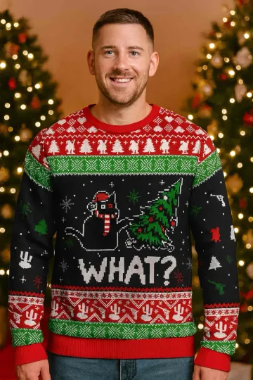 Discover Troublemaker Cat Christmas Ugly Sweater.webp