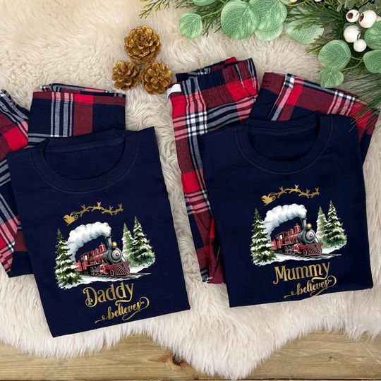 Discover Personalised BELIEVES Train Christmas Family Pyjamas, Matching PJs, Polar Express Train, Family Set, Christmas Train PJs, Christmas Eve PJs
