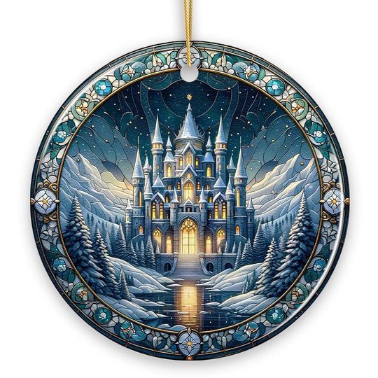 Discover Stunning Castle Stained Glass Style Ceramic Ornament, Christmas Gift and Decor