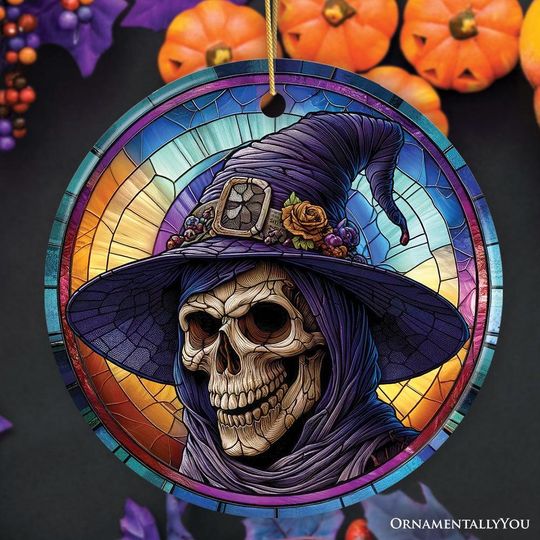 Witchy Grin Skull with Hat and Scarf Stained Glass Style Ceramic Ornament,