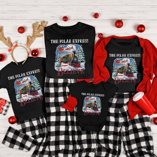 Discover Custom Name Polar Express Family Christmas Shirts, Personalized Believe Train Tees, Matching Holiday Pajama Tops, Santa Express Gift