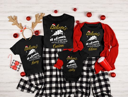 Custom Name Polar Express Family Vacation Shirts, Xmas Crewneck Sweater, Believe Christmas Pajamas for Family, Polar Express Train Shirt