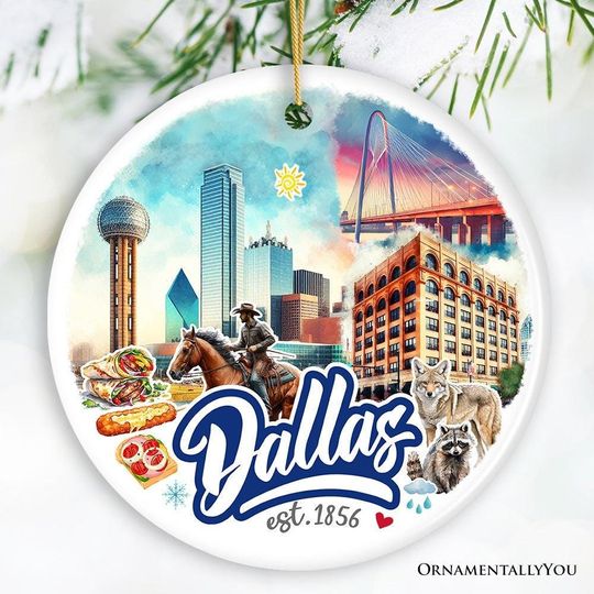 Discover Artistic Dallas Texas Christmas Ornament, Unique Ceramic Keepsake Souvenir and Gift