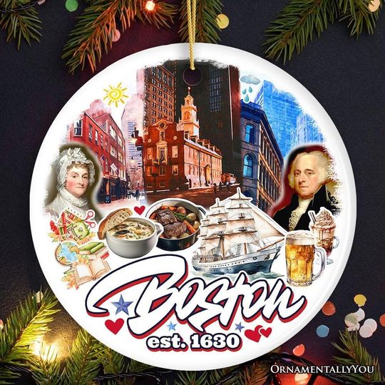 Discover Vibrant Boston City Ceramic Art Ornament, Vintage Massachusetts Souvenir and Christmas Decor