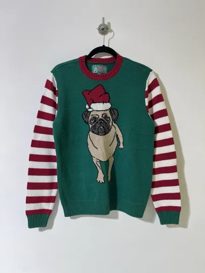 Discover Ugly Christmas Sweater Pug Dog Green With Striped Sleeves M