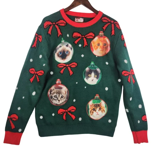 Discover Party Sweater Dec 25 Ugly Christmas Sweater Unisex L Green/Red Cat Ornaments