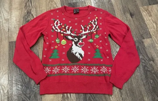 Discover Womens{ Christmas Ugly Sweater} Deer Ornaments Red Holiday Sweater Size Large