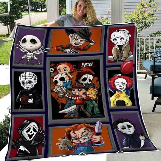 Discover Funny Chibi Horror Movie Watching Halloween Quilt Blanket, Horror Movie Cozy Quilt Blanket, Bedding blanket, Bedding Decor, Home Decor Gift.