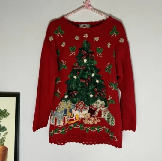 Discover Tiara International Womens red Ugly Christmas Sweater Size M Embroidered Beaded