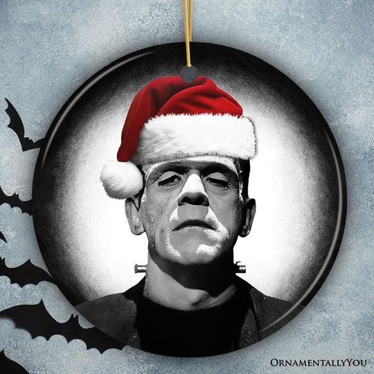 Discover Retro Frankenstein with Santa Hat Ceramic Ornament, Creepy Holiday Gift And Decor