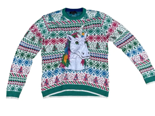 Used Blizzard Bay Unicorn Ugly Christmas Sweater SZ L Colorful Knit Rhinestone