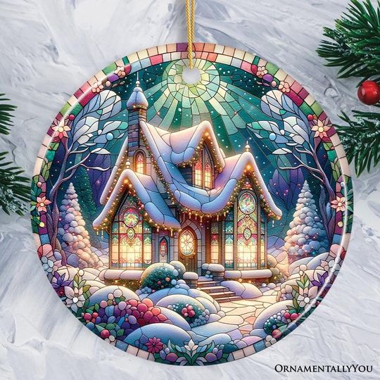 Discover Whimsical Cottage Stained Glass Style Ceramic Ornament, Christmas Gift and Decor