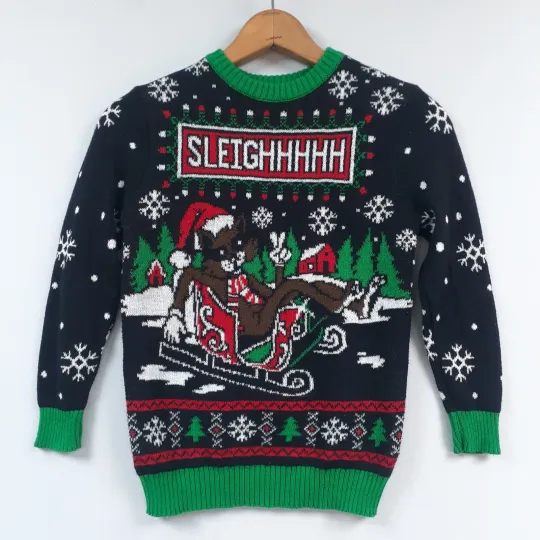 Discover "Well Worn"  youth small Cool Cat Sleighhh Christmas Holiday Ugly Sweater EUC